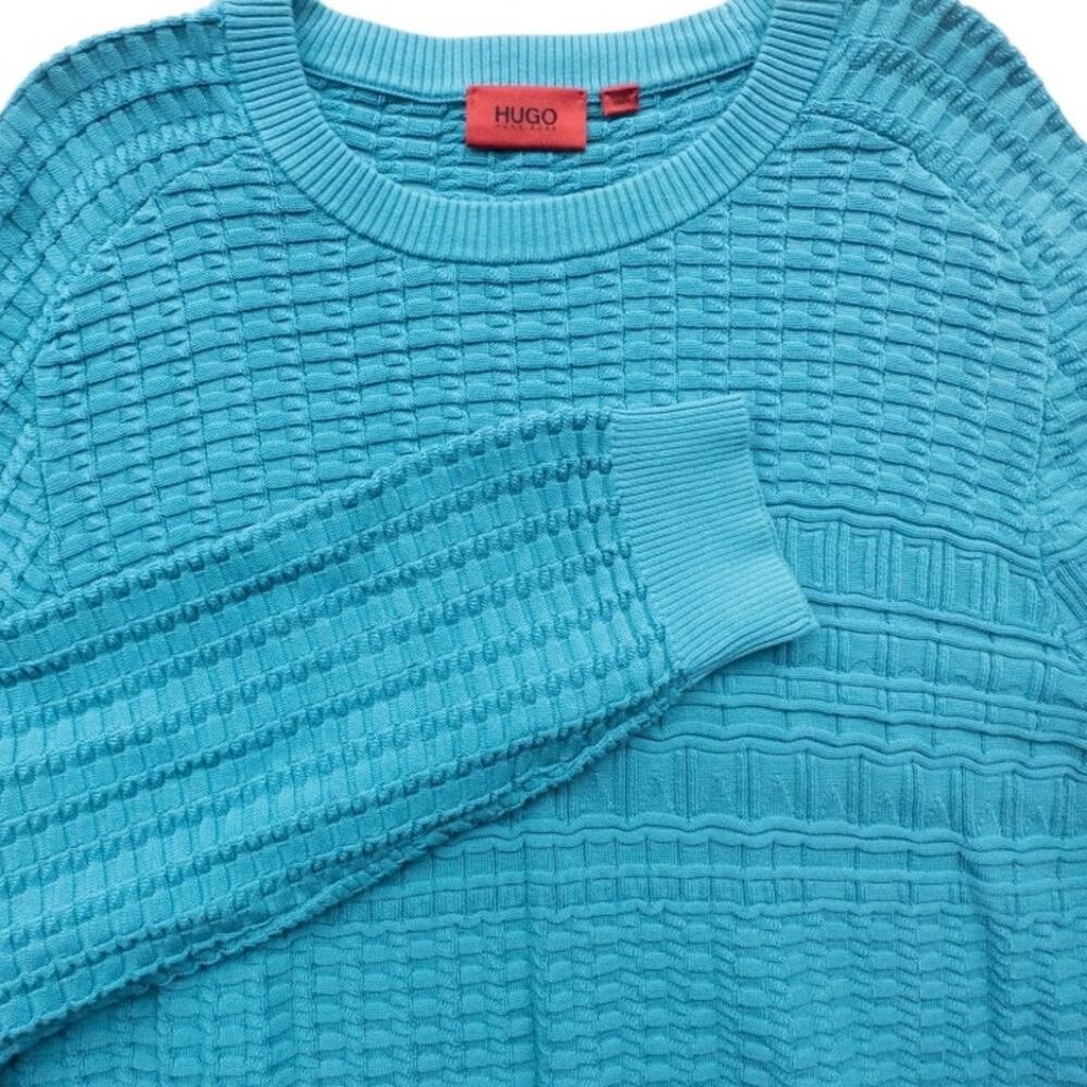 Hugo Boss Men's Pullover Sweater Turquoise Cotton Textured Knit Crew Neck XXL